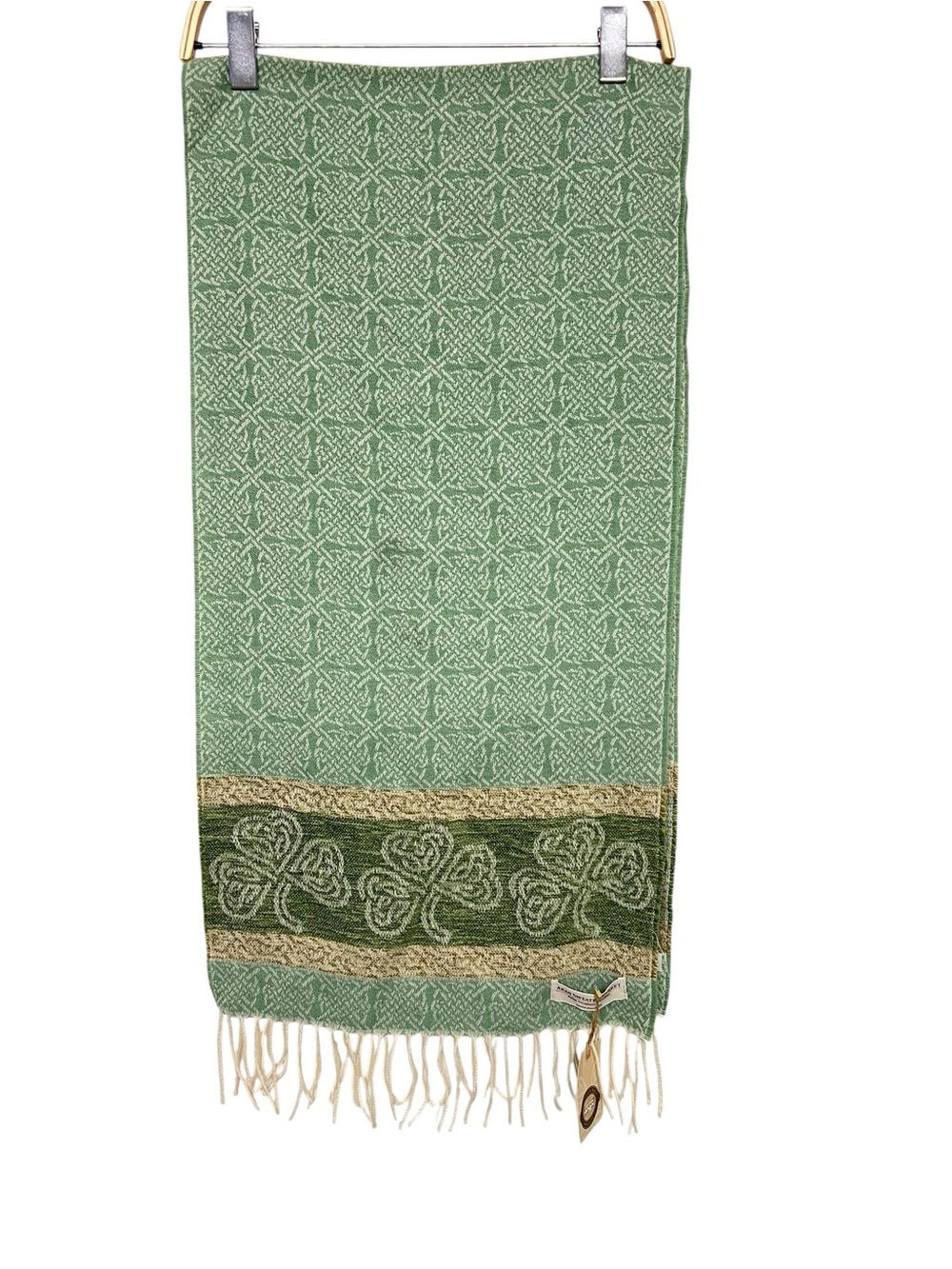 New Aran Sweater Market Celtic Shamrock Green Patterned Fringe Scarf